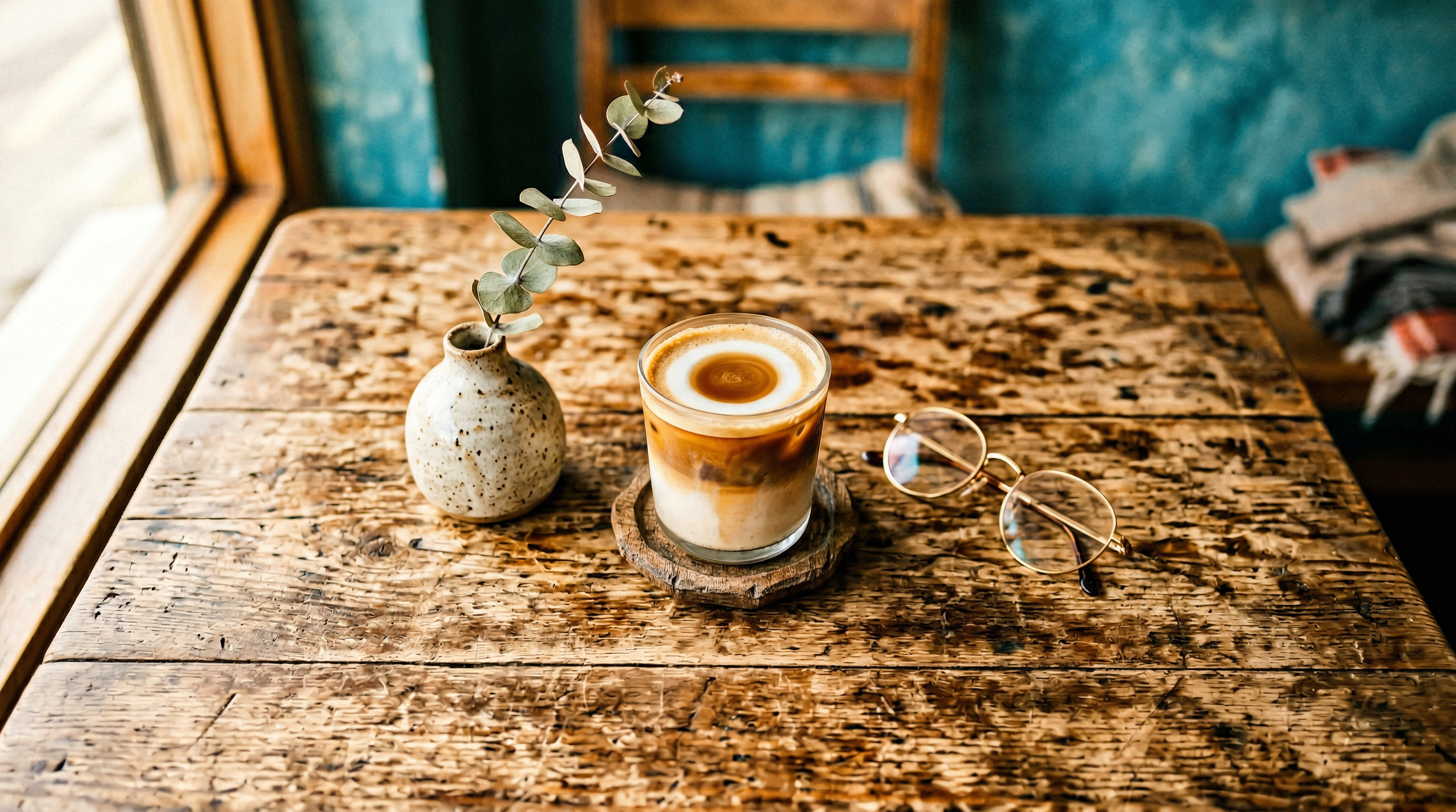 Open vintage book with reading glasses, a layered iced latte, and a small vase with dried flowers on a rustic wooden table
