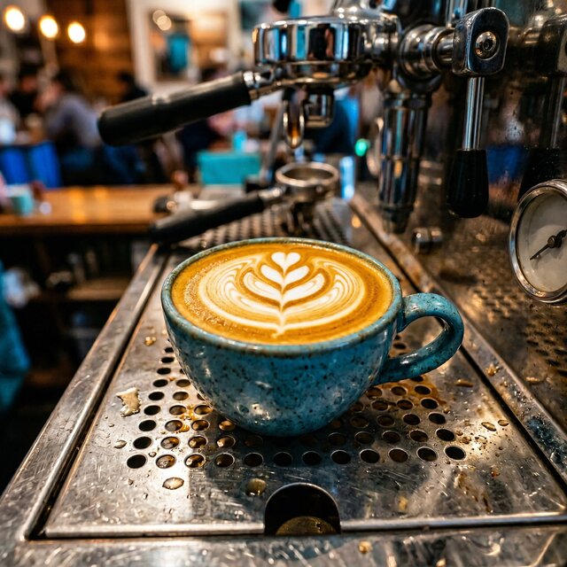 Heart-shaped latte art in a blue ceramic cup