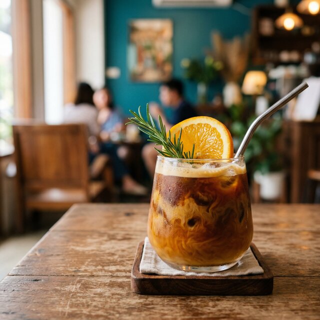 Garnished specialty drink with orange slice and rosemary