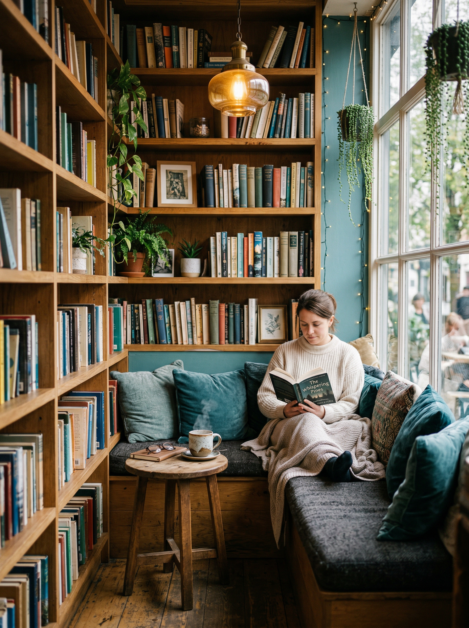 A cozy reading nook with floor-to-ceiling bookshelves, teal cushions, warm pendant lighting, and a steaming cup of coffee