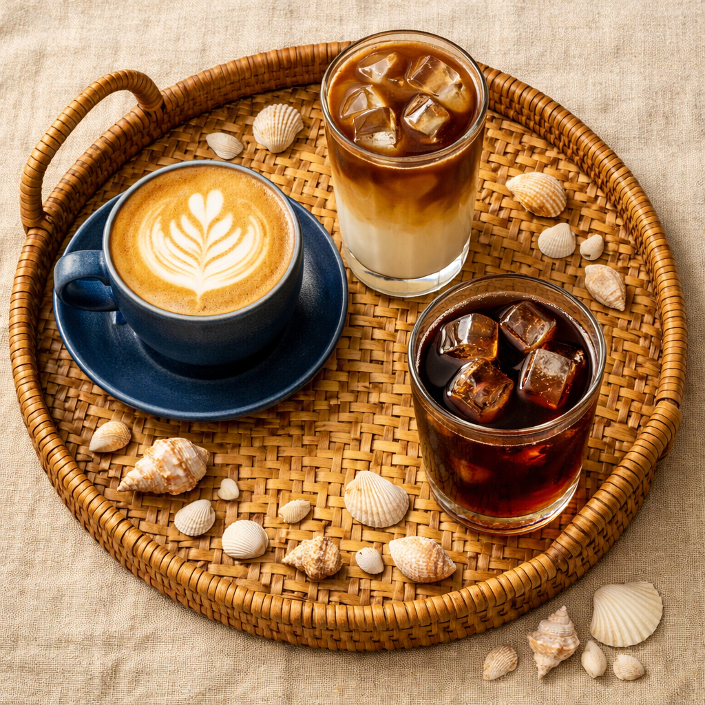 Three signature drinks — hot latte, iced latte, and cold brew — on a rattan tray with seashells